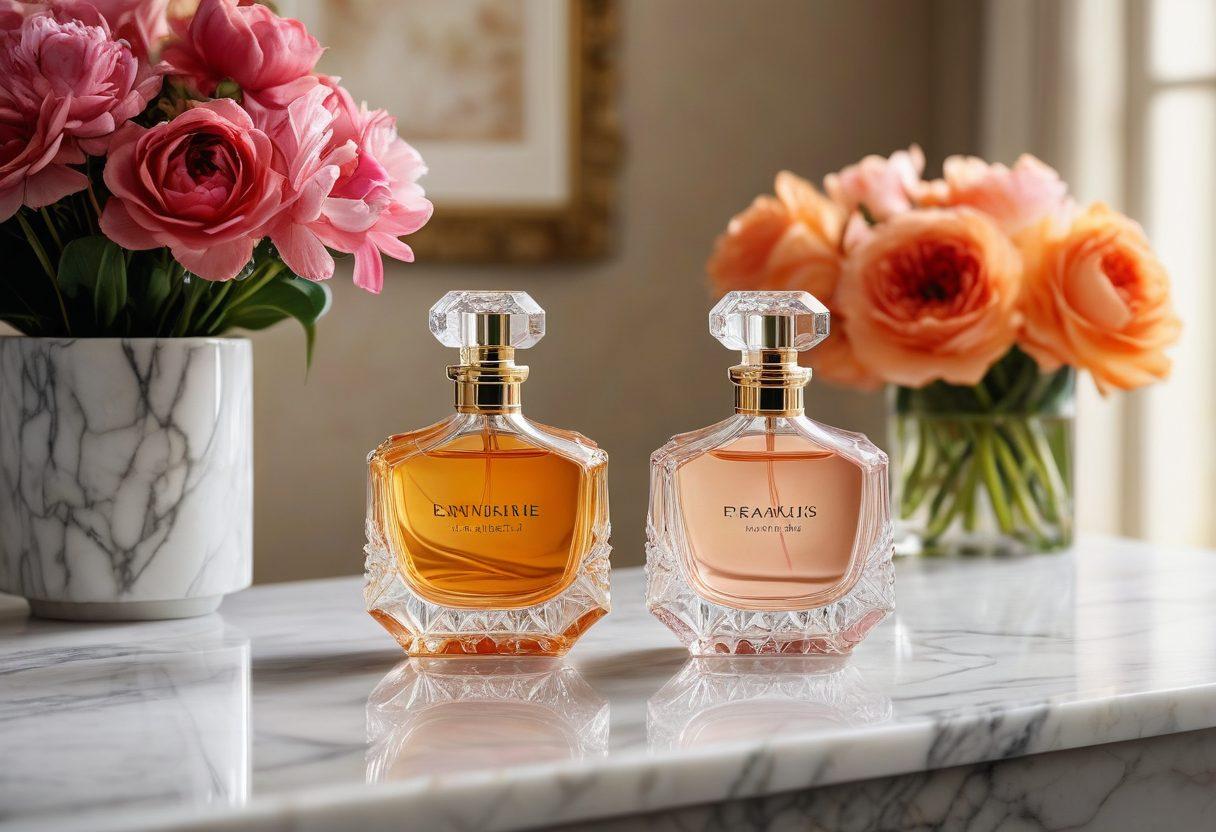 A beautifully arranged display of elegant perfume bottles, each uniquely designed with intricate details, sitting atop a lavish marble counter. Soft, ambient lighting creates a warm glow, highlighting the bottles' luxurious colors, while delicate floral elements subtly surround the setup, symbolizing the allure of fragrances. In the background, hint of a graceful woman in an elegant dress, savoring the essence of the scents. super-realistic. vibrant colors. soft focus.
