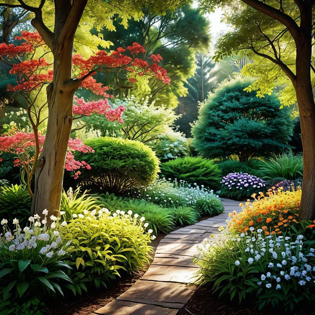 A captivating garden scene transitioning from blooming flowers to majestic woody trees, filled with various aromatic plants and flowers; delicate petals gently falling to the ground juxtaposed with sturdy trunks and leaves; the sunlight filtering through in a soft, golden hue, creating a sense of calm and elegance. super-realistic. vibrant colors. serene background.